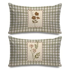 Sage Green Gingham Floral Pillow Covers 12x20 - 2 Floral Covers