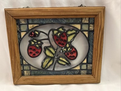 Stained Glass Framed Art - Hanging - Wooden Frame - Strawberries