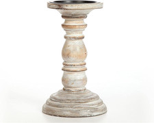 8 Inch Distressed White Wooden Pillar Candle Holder - Rustic Farmhouse Pedestal