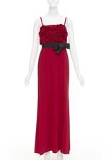 VALENTINO red Rosette ruffle boned bust black bow belt midi gown IT40 S