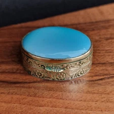 Antique Brass Carved Cabochon Turquoise Pill Box, Vintage Box 