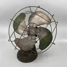 Antique Green Metal Desk Fan | Vintage Blades & Base | Works | Rustic Decor