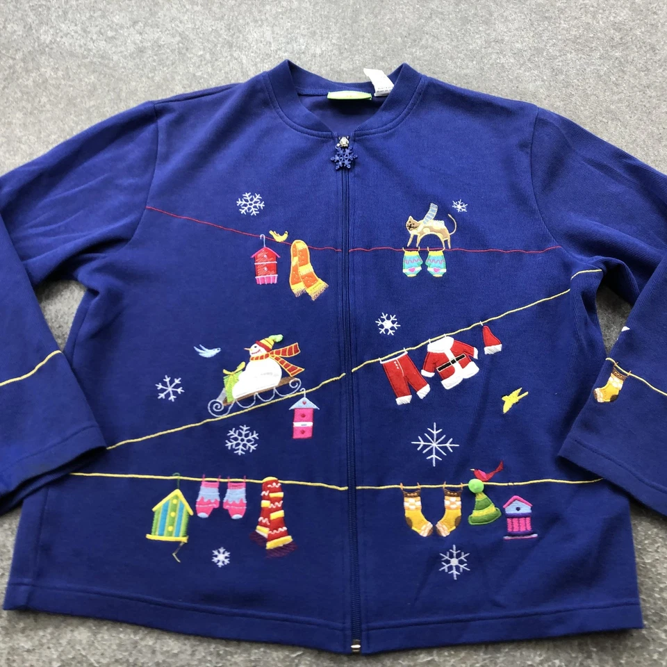 Suéter Vintage Navidad Mujer Grande Cremallera Completa Vacaciones Bordado Gato Muñeco de Nieve Foto 2 de 4