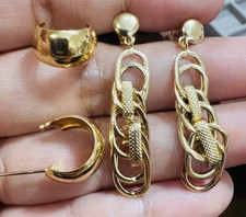 18K 750 Real Fine Gold Dangle & Cuff Curb Earrings 2 Set 3.73g