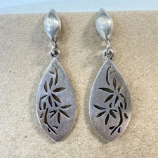 Sterling Silver Cut Out Earrings Floral Bamboo Signed Crown Mark