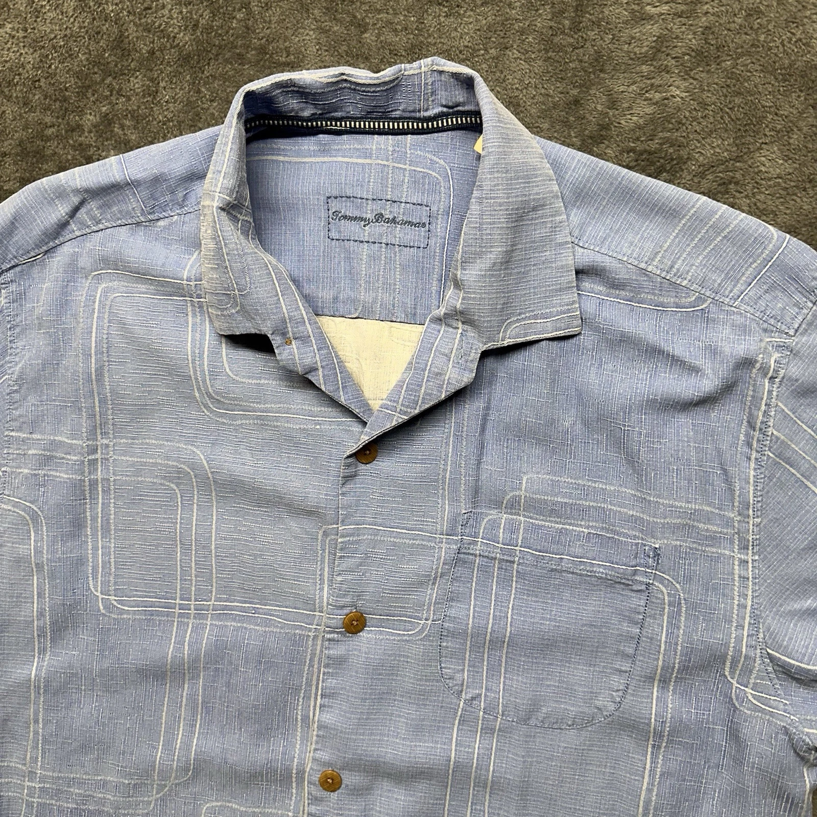 Tommy Bahama Shirt Mens Medium Blue Button Up Hawaiian Beach Abstract 100% Silk