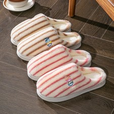 Plush Striped Slippers Women Men Warm Winter Indoor House Shoes Embroidered