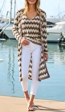 Sosandar Long Sleeve Open Front Chevron Print Longline Cardigan w/ Lurex, Sz 14