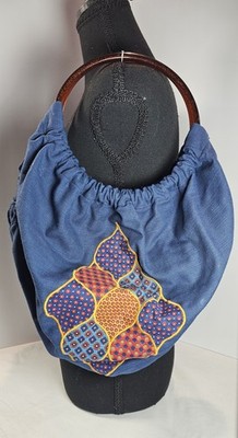 Handmade Boho Blue Ruched Hobo Bag Tortoise Handle Embroidered Floral Lined