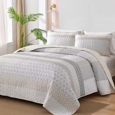 Beige Quilt Queen Size, Bohemian Stripe Quilt Sets 3 Pieces Beige Boho Quilte...