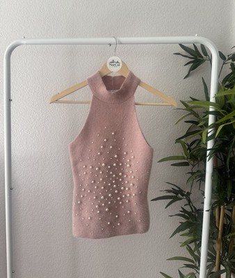 Zara Pink Pearl Knit Halter Tank Top Sleeveless Size Small