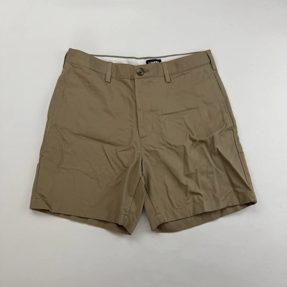Lands End 传统版型 30 码棕色棕褐色斜纹短裤平前 100% 棉 — 第 2/4 张图片