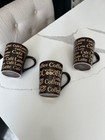 3 Coffee Mugs Cups Brown & Cream Stoneware Fun Coffee Themed Wording — photo 4