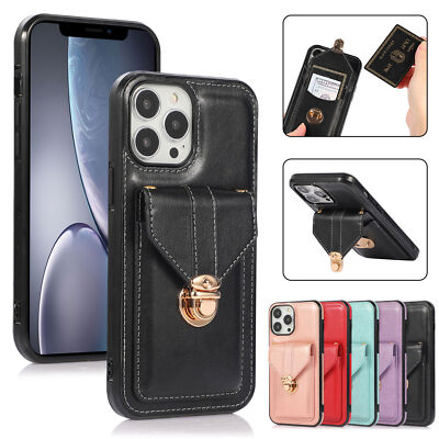 For iPhone 16 15 14 13 12 Pro Max Leather Card Wallet Crossbody Strap Stand Case