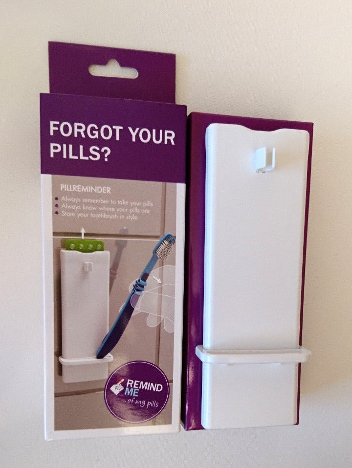 DON'T FORGET YOUR PILLS TOOTHBRUSH HOLDER Stick-on Wall Stand AM PM MANAGEMENT