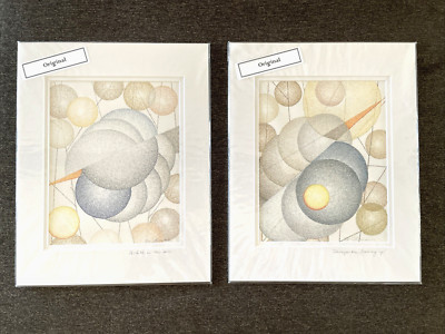 Pair Original Colored Pencil Drawings Abstract Geometric Bubbles 11x14'' signed