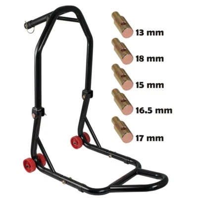 Cavalletto Alza Moto Anteriore Canotto Sterzo Nero 4 ruote 5 perni inclusi 123 - Immagine 1 di 2