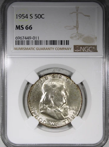 1954-S Franklin Half Dollar NGC MS66 Mint Set Toned Better Date 50C