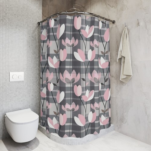 Cortina de Ducha Tela Escocesa Estampado Floral Gris y Rosa, Baño Decoración Regalo - Imagen 2 de 6