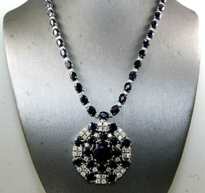 Oval Blue Sapphire & Diamond Cluster Necklace Pendant 14K White Gold 74.62Ct