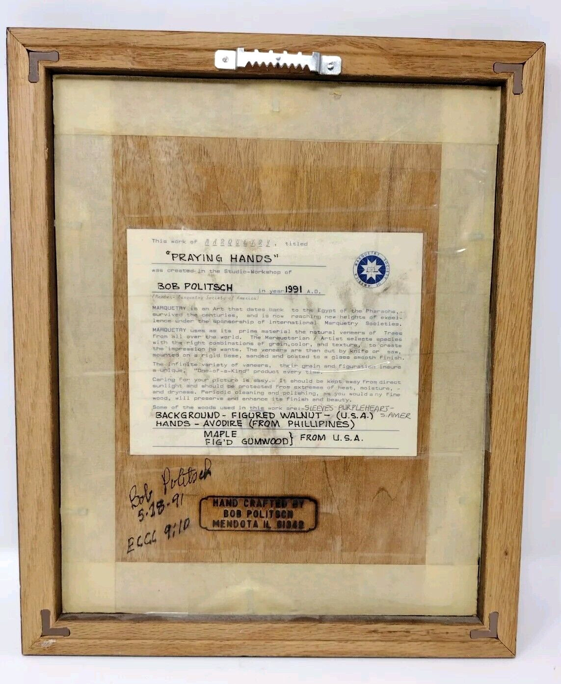 VTG Praying Hands Wood Marquetry Inlaid Inlay Framed Picture Christian Wall Art