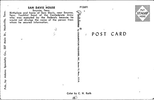 Exterior of Sam Davis House Smyrna Tennessee Chrome Postcard F2 - Picture 2 of 2