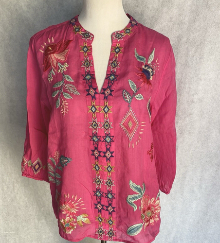 $210 JOHNNY WAS Workshop Size S Pink Tallula Embroidered Paris Effortless Blouse