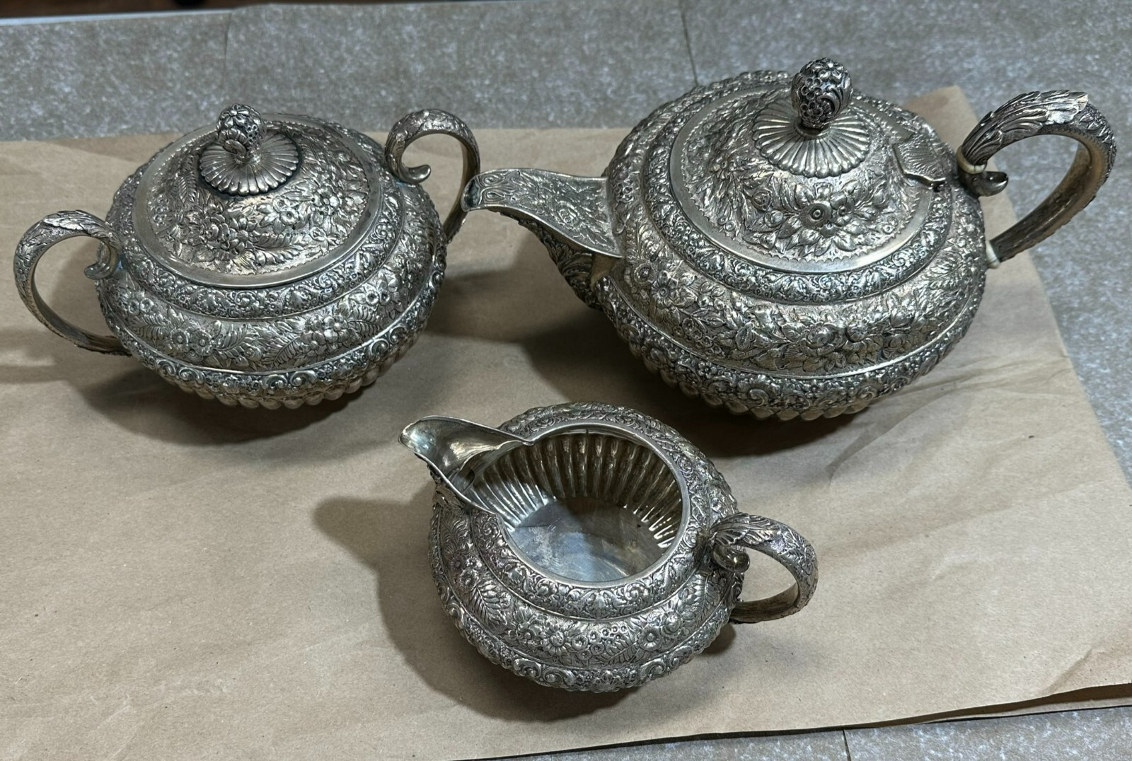 Tiffany & Co. Makers Sterling Silver Teapot Creamer Sugar Bowl Set Pattern 4686