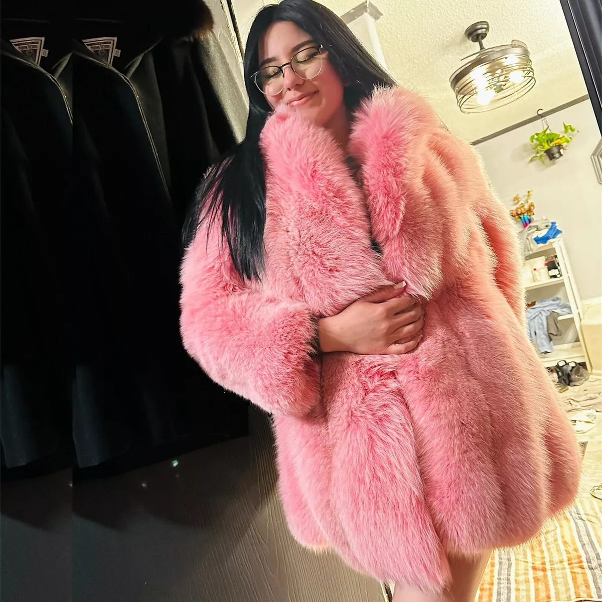 Pink fluffy fur coat sale