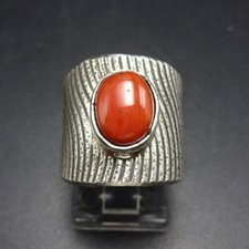 Pete Johnson NAVAJO Cuttlebone Cast Sterling Silver CORAL RING sz 5.5 Wide Band