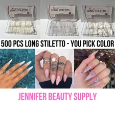 US 500 -1000 PCS FALSE NAIL TIPS GIRLS LONG STILETTO POINTY FRENCH COFFIN NAILS