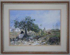 Riposo gregge di capre, guazzo Formentera Spagna dell'artista elencato David Biglands 1985