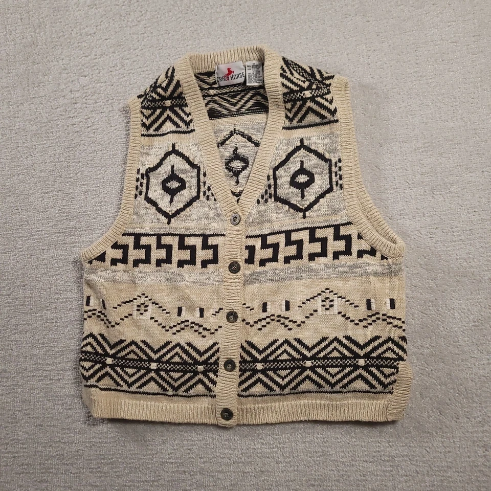 Vtg Crazy Horse Women's M Sweater Vest Aztec Big Lebowski 90s V-Neck Button Up - Image 2 of 4