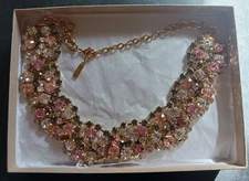 Sugarfix by Bauble Bar Woven Rhinestone Pink Statement Necklace Gold Tone 17-20”