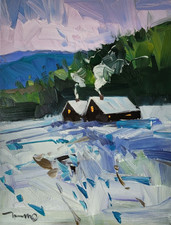 Jose Trujillo Original Oil Painting - 12x16 - Cabins In The Snow Winter Scene