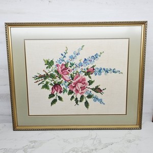 1940’s Cross stitch Floral Bouquet In framed Antique Embroidered Handmade 21X26"