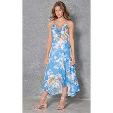 Lavender Brown Elena Dress Blue Floral Ruffle Wrap Maxi Made in USA NWT Size S