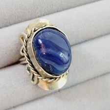 Dark Blue Agate Ring Adjustable Size Silver Tone Natural Statement Cocktail