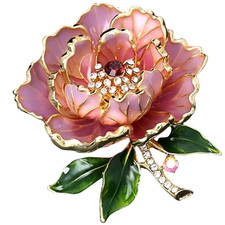Gold Purple Peony Crystal Flower Brooch Enamel Rhinestone Pin Summer Gift Jewelr