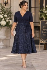 NWT Alex Evenings Embellished Tea Length Dress 16W Navy Lace Cocktail Formal Ele