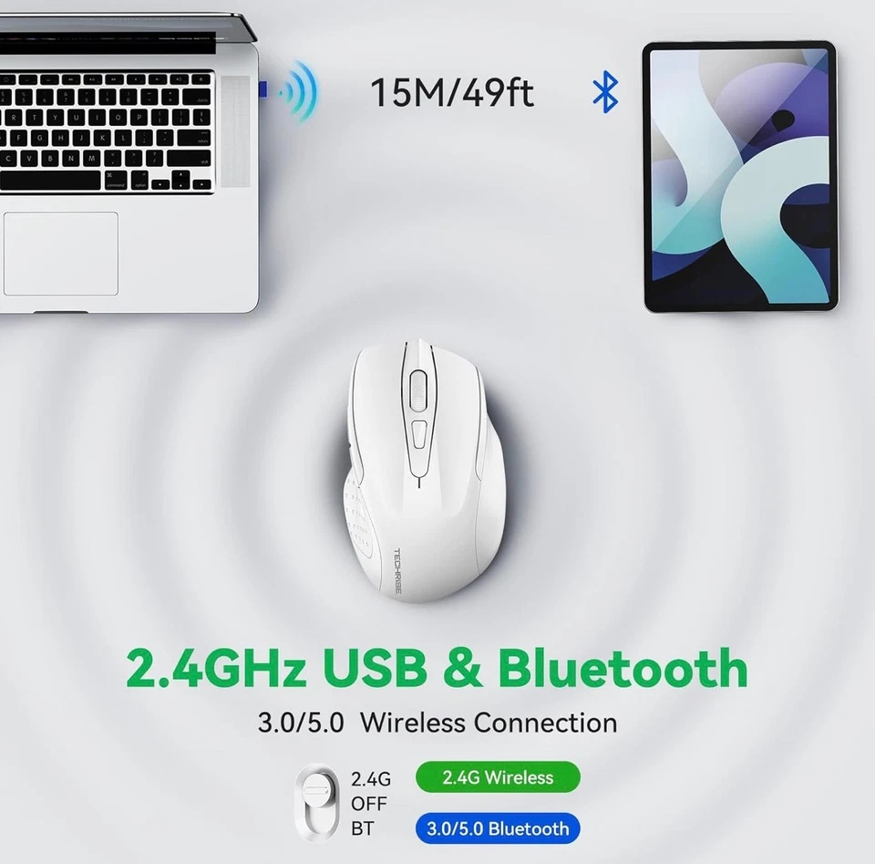 TechRise Bluetooth Mouse, Rechargeable Wireless Mouse (BT5.0/3.0 & 2.4G), 4800DP - Image 2 of 4