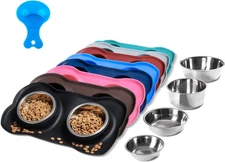 Pet Dog Bowls Set of 2 Stainless Steel Non-Slip Silicone Mat Food & Water Feeder