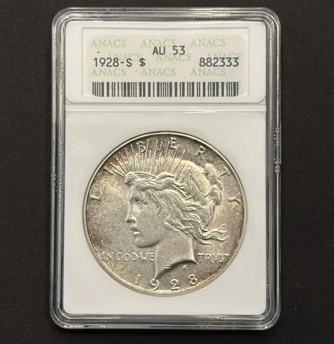 1928-S Peace Silver Dollar — ANACS AU53 🔥 Better Date — Vintage Soapbox Holder