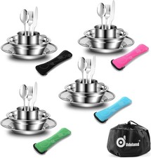 29pcs Stainless Steel Utensils Camping Mess Kits W/ Bowls Plates Cups Forks