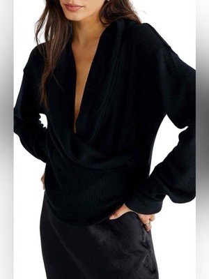We The Free Hold Me Close Ribbed Thermal Surplice Top in Black size Large