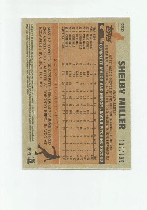 2015 TOPPS ARCHIVES SILVER #230 SHELBY MILLER 132/199 - Image 2 of 2