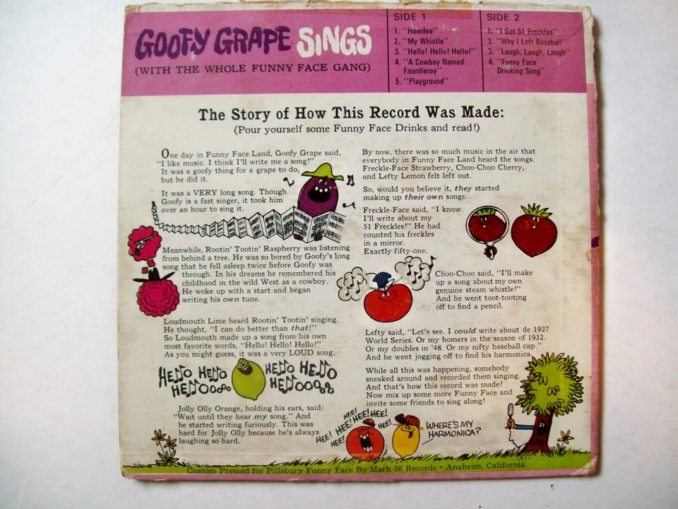 Mini LP "Goofy Grape Sings" + seis tazas Pillsbury Funny Face Drink Mix años 60 RARO Foto 3 de 4