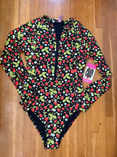 NWT 128 Betsey Johnson Long Sl Zip-Up Rash Guard Swimsuit Padded XL Strawberry