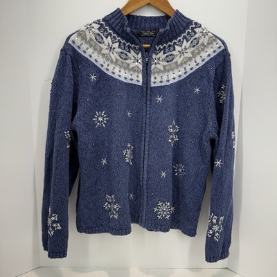 Crystal Kobe Fair Isle Zip Up Cardigan Silver Snow Flake Embellishments Sz XL