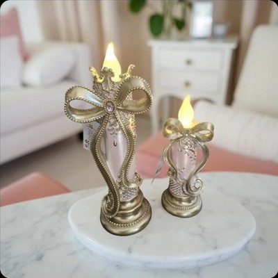 LED Deko Kerze 2 Größen Schleife Rosa Gold Stein  25cm /34cm Clayre & Eef